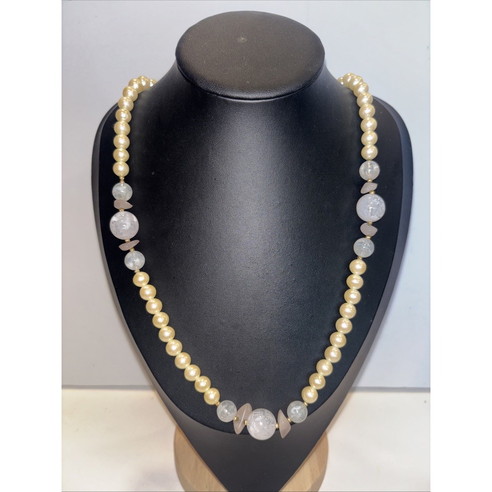 Vintage Faux Pearl Rose Quartz & Swirled Glass Bead Necklace Romantic 24"